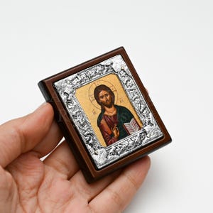 Jesus Small Size Icon, Religious Home Decor Greek Orthodox Icon, Home Altar Shrine, Pray Icon for Bedside, Christian Faith & Baptism Gift