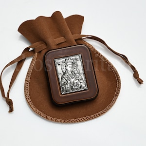 Travel Icon of Virgin Mary Our Lady, Christian Art Gifts for School Student or Traveler, Orthodox Icon Mother of God, Silver & Wood