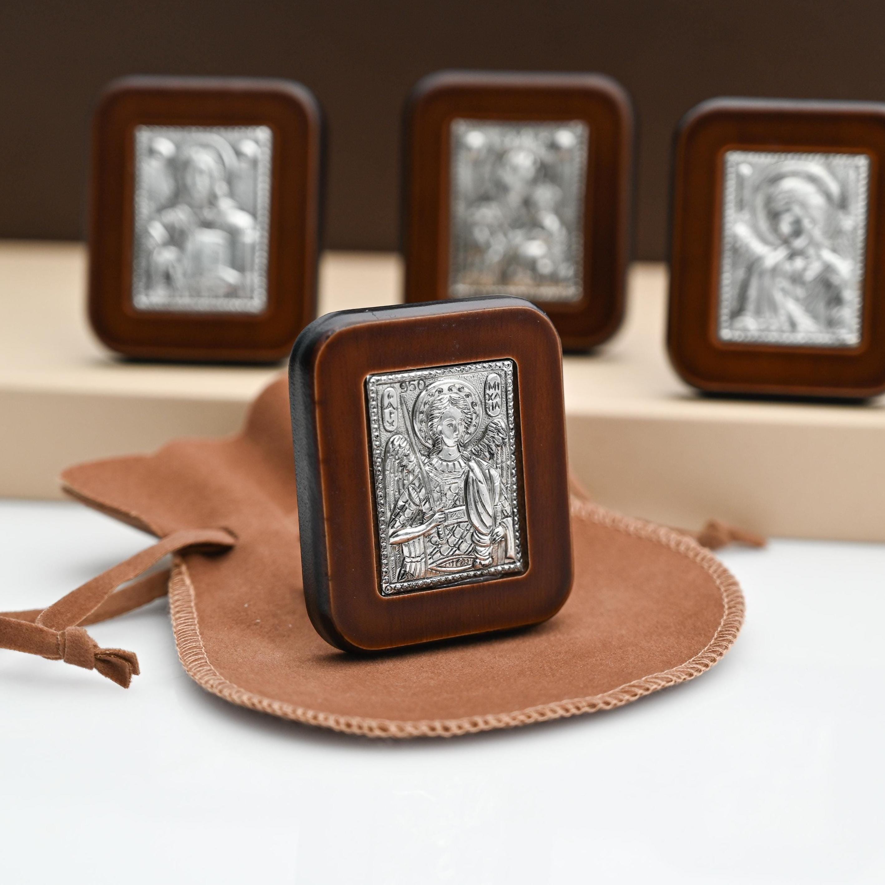 Pequeño icono ortodoxo ▷Arcángel Miguel◁ Regalo ortodoxo griego para la familia, delicado regalo de arte religioso, estante de decoración para el hogar, icono de madera para colgar en la pared