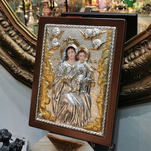 Madonna Carmelite Icon Catholic Wall Plaque  • Catholic Shrine, Priest or Carmelite Nun Gift •  Religious Art Gift Sculptural Silver & Gold