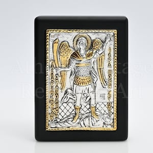 Russische Ikone Erzengel Michael Panormitis - Silber & Holz Kleine Ikonostase Ikone Gebet, Schutzengel Reisealtar Heilige Ikone, St