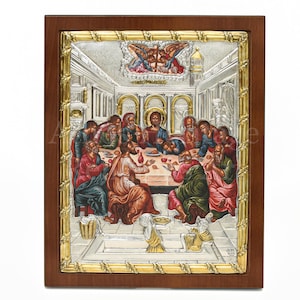Last Supper Wall Plaque Icon, Christian Home Decor Wall Frame, Silver Gold, Jesus with 12 Apostles Hagiography, Damascene Holy Supper