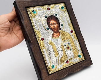 Christ Pantocrator Icon with Gemstones, Pure Silver & Gold Christianity Religious Home Decor • Eastern Orthodox Jesus Christ Holy Icon