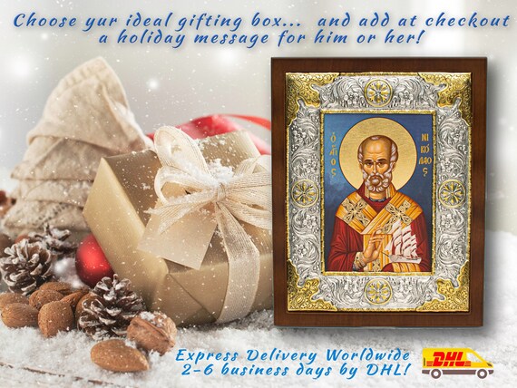 Byzantine SAINT NICHOLAS Icon, Sterling Silver & Gold Frame