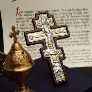 Orthodox Cross Religious Home Iconostasis ▷ Silver Relief on Wood, Eastern Orthodox Three Bar Crucifix ◁ Godfather Gift, Wall Cross for Home