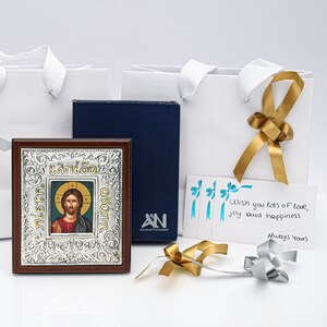 Gift of Jesus Small Icon ▷ Wall Art Gift Home Decor ◁ Silver & Gold Christian Holy Icon • Greek Orthodox Hagiography • Christianity Gift image 1