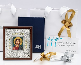 Gift of Jesus Small Icon  ▷ Wall Art Gift Home Decor ◁ Silver & Gold Christian Holy Icon • Greek Orthodox Hagiography • Christianity Gift