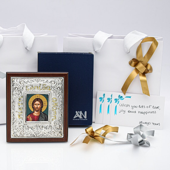 Gift of Jesus Small Icon  ▷ Wall Art Gift Home Decor ◁ Silver & Gold Christian Holy Icon • Greek Orthodox Hagiography • Christianity Gift