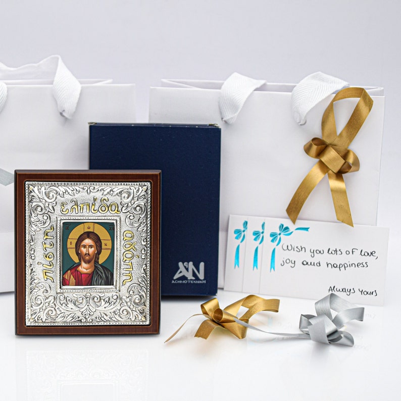 Gift of Jesus Small Icon ▷ Wall Art Gift Home Decor ◁ Silver & Gold Christian Holy Icon • Greek Orthodox Hagiography • Christianity Gift image 1