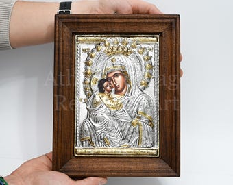 Icône orthodoxe de la maison, icône grecque byzantine en argent et cadre en bois doré, cadeau religieux, art mural chrétien, cadeau pour la maison • Theotokos Panagia Athos