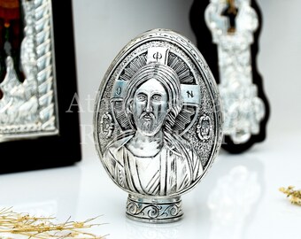 Jesus Christ Orthodox Icon Statue, Rebirth Figurine Home Altar Icon, Greek Jesus Silver Egg, Faberge Egg, Orthodox Christian Gifts
