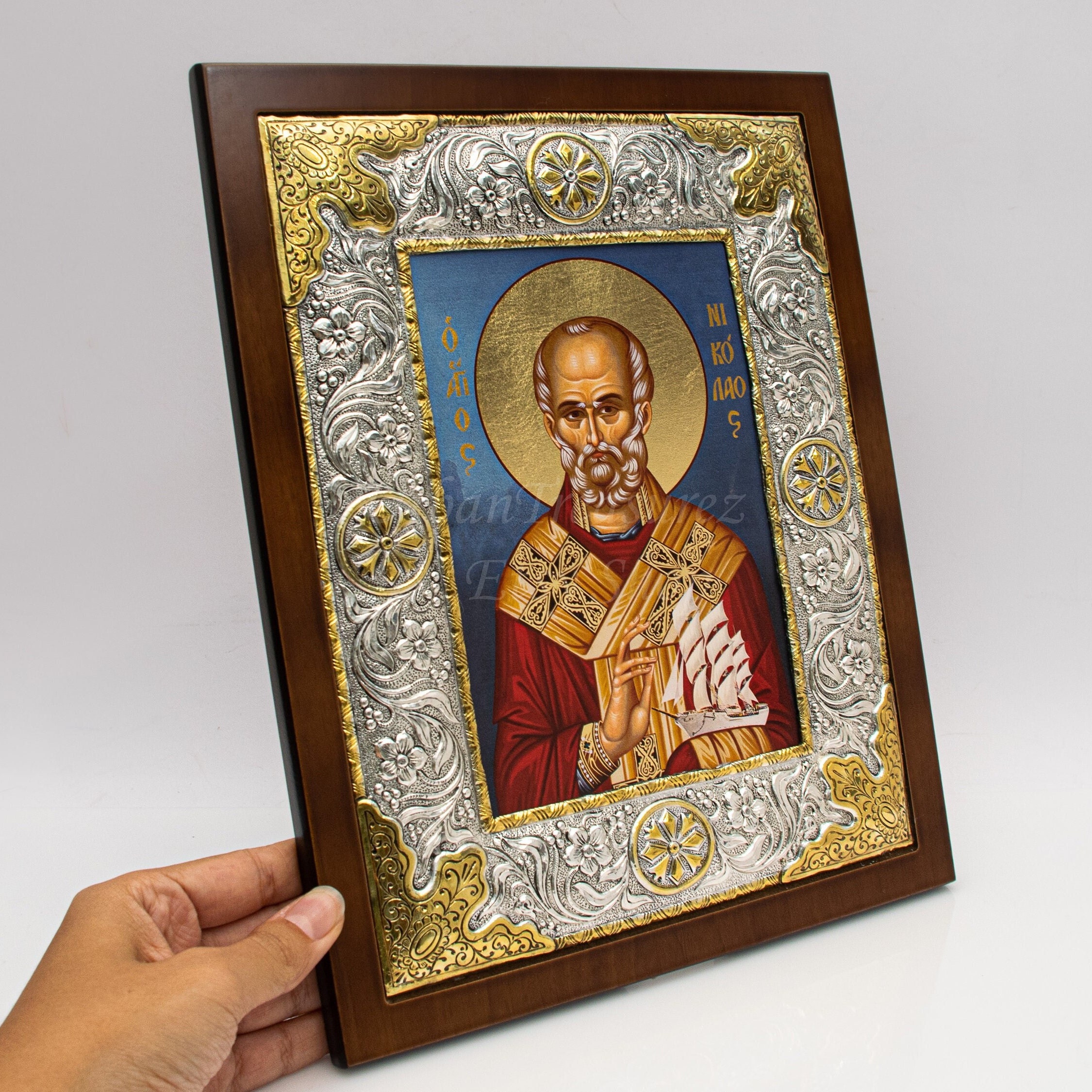 ビザンチン様式　ロシアイコン　聖母子像 レプリカ　木製フレーム 銀装飾 RRR RARE Vintage 950 Sterling Silver Greek Icons Byzantine