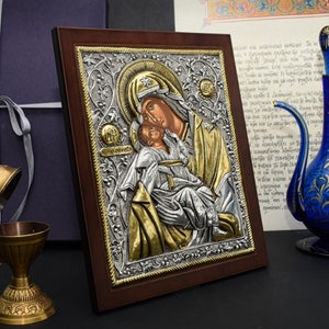Virgin Mary Orthodox Icon, SILVER & GOLD Artwork on Wood · Eastern Orthodox Priest Gift, THEOTOKOS Panagia, Athos Monastery Spiritual Gift
