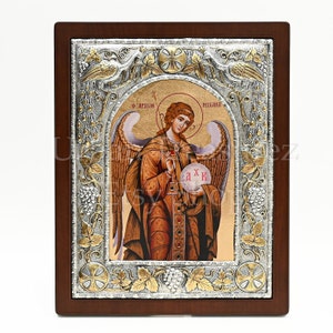 Archangel Michael Icon, Christian Orthodox Byzantine Hagiography, Silver & 24k Gold Religious Frame of Guardian Angel, Family Heirloom Gift