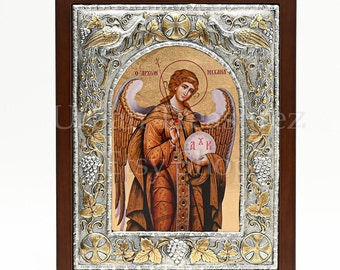 Archangel Michael Icon, Christian Orthodox Byzantine Hagiography, Silver & 24k Gold Religious Frame of Guardian Angel, Family Heirloom Gift