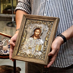 Christ Blessing Orthodox Icon of Jesus Praying Altar Church Shrine Icon · Christian Monastery Wood Frame Spiritual Faith Gift for Godfather