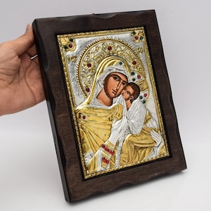 Virgin Mary Orthodox Icon with Gemstones • Sweet Kissing Mother of God, Greek Byzantine Art Silver Holy Icon of Theotokos, Christian Gifts