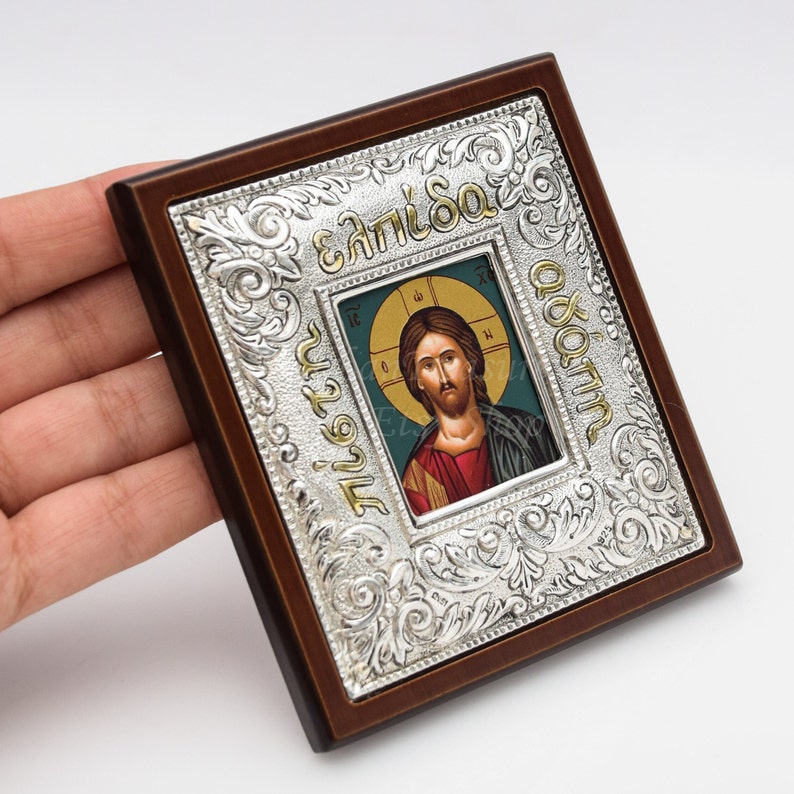 Gift of Jesus Small Icon ▷ Wall Art Gift Home Decor ◁ Silver & Gold Christian Holy Icon • Greek Orthodox Hagiography • Christianity Gift image 5