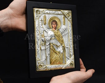 Archangel Michael Orthodox Icon, Christian Byzantine Real Silver & 24k Gold, Religious Art Gift, Guardian Angel Icon - Blessing Gift