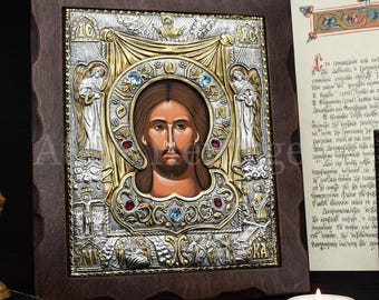 Jesus Christus Ikone mit Edelsteinen, Glaube & Gebet Geschenk für christliches Zuhause • Griechisch kybernetische Wand Ikone - christliches Geschenk Vater zum Sohn, neues Zuhause