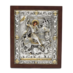 Saint George Silver Icon Relief 11&quot;, Christian Wall Religious Home Gift, Greek Business Owner / Officials Gift, Sterling Silver & 24k Gold