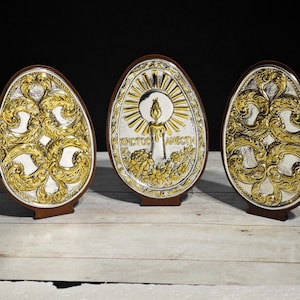 Luxury Easter Egg Decor Plaque Figurine, CHRIST IS RISEN, Holy Pascha Gift Orthodox Resurrection Egg Silver & Gold Relief, Greek Easter Gift
