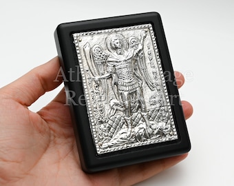 Orthodox Icon Archangel Michael Panormitis - Sculptural Silver & Wood Small Iconostasis Icon Prayer, Travel Guardian Angel Altar Holy Icon