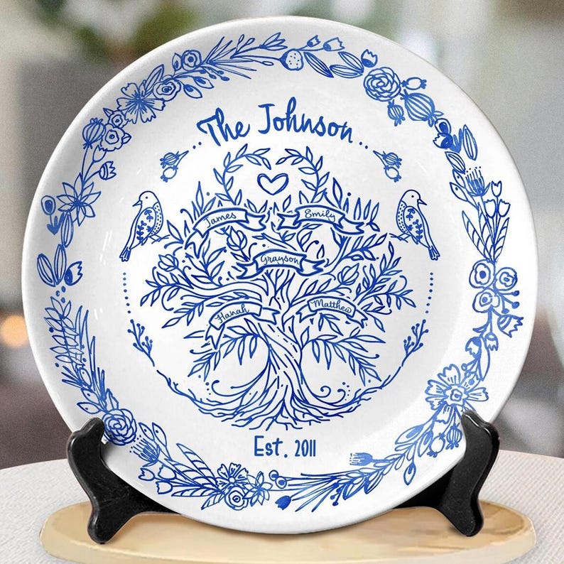 White Tree Plate Personalized Family Tree Plate, Custom Blue White Ceramic Plate, Family ...