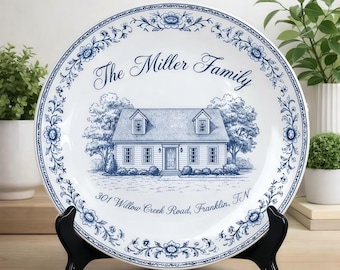 Plato personalizado con retrato de casa, plato con dirección personalizada, regalo para inauguración de casa, decoración de cerámica, recuerdo familiar P411XTY0