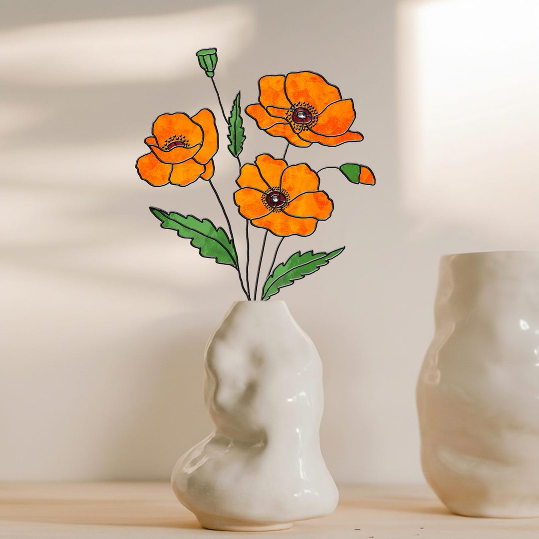 Stained Glass California Poppy Bouquet,floral Botanical Home Decor ...