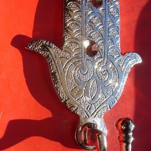 Moroccan SILVER colour wall mounted hamsa hand towel HOOK - various L115 mm