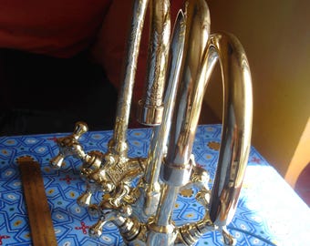 Moroccan BRASS and TARNISHED brass long swan neck wash basin faucet mixer tap - VARIOUS  H29 cm