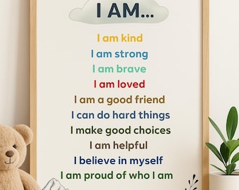 Póster de afirmaciones para niños: YO SOY, arte para un rincón tranquilo (descarga digital)