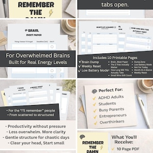 Op de afbeelding: Een verzameling afdrukbare plannerpagina's met titels als "Dump Zone" en "Low Battery Mode". De pagina's zijn ontworpen om te helpen met productiviteit en taakbeheer. Bevat een notitieblok met de tekst "Remember the Damn Thing".