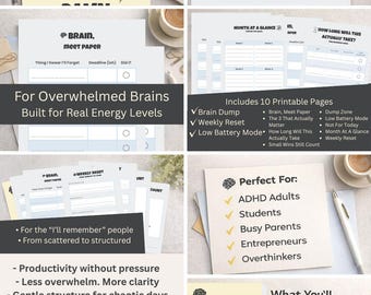 Kit de herramientas de productividad para el TDAH / Descarga de ideas, Ceguera temporal, Reinicio semanal (Descarga digital)