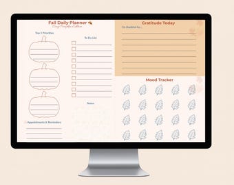 Planificador diario de otoño, diario de gratitud y rastreador de estado de ánimo (PDF) editable, rellenable y mecanografiable.