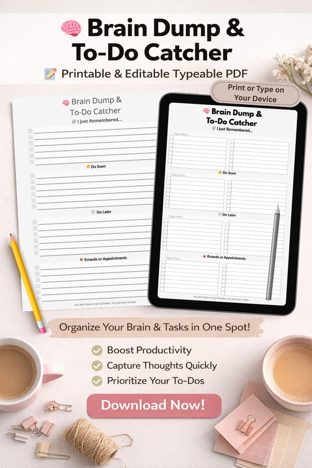 Bundle | ADHD Brain Dump Printable & Fillable PDF | Overwhelmed Planner ...