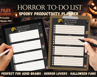 Lista de tareas de terror imprimible, lista de verificación diaria espeluznante, planificador de Halloween, PDF rellenable e imprimible