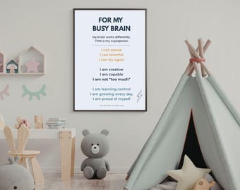 Póster de afirmación sobre el TDAH para niños / Impresión para fomentar la confianza en el cerebro activo (descarga digital)