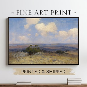 Póster de paisaje impresionista con colinas ondulantes y cielo azul, arte de pared sereno, póster de bellas artes, impresión enviada por correo, póster de pared vintage PS