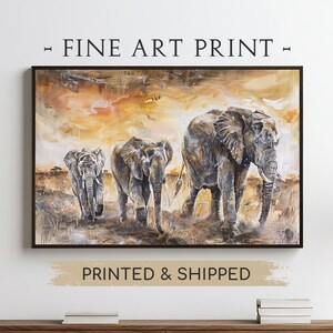 Maestosa famiglia di elefanti africani, stampa artistica, safari, fauna selvatica, dipinto moderno, arte murale, natura contemporanea, arredamento per la casa PS