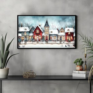 Frame Tv Art Christmas Village Scene Snowy Winter Town Holiday Decor