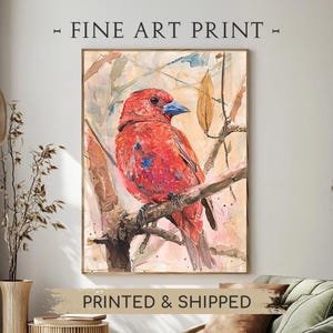 Ritratto di uccello cardinale rosso vibrante, acquerello, natura, fauna selvatica, stampa artistica, uccello invernale, arte murale, regalo per gli amanti del cardinale, arredamento moderno PS