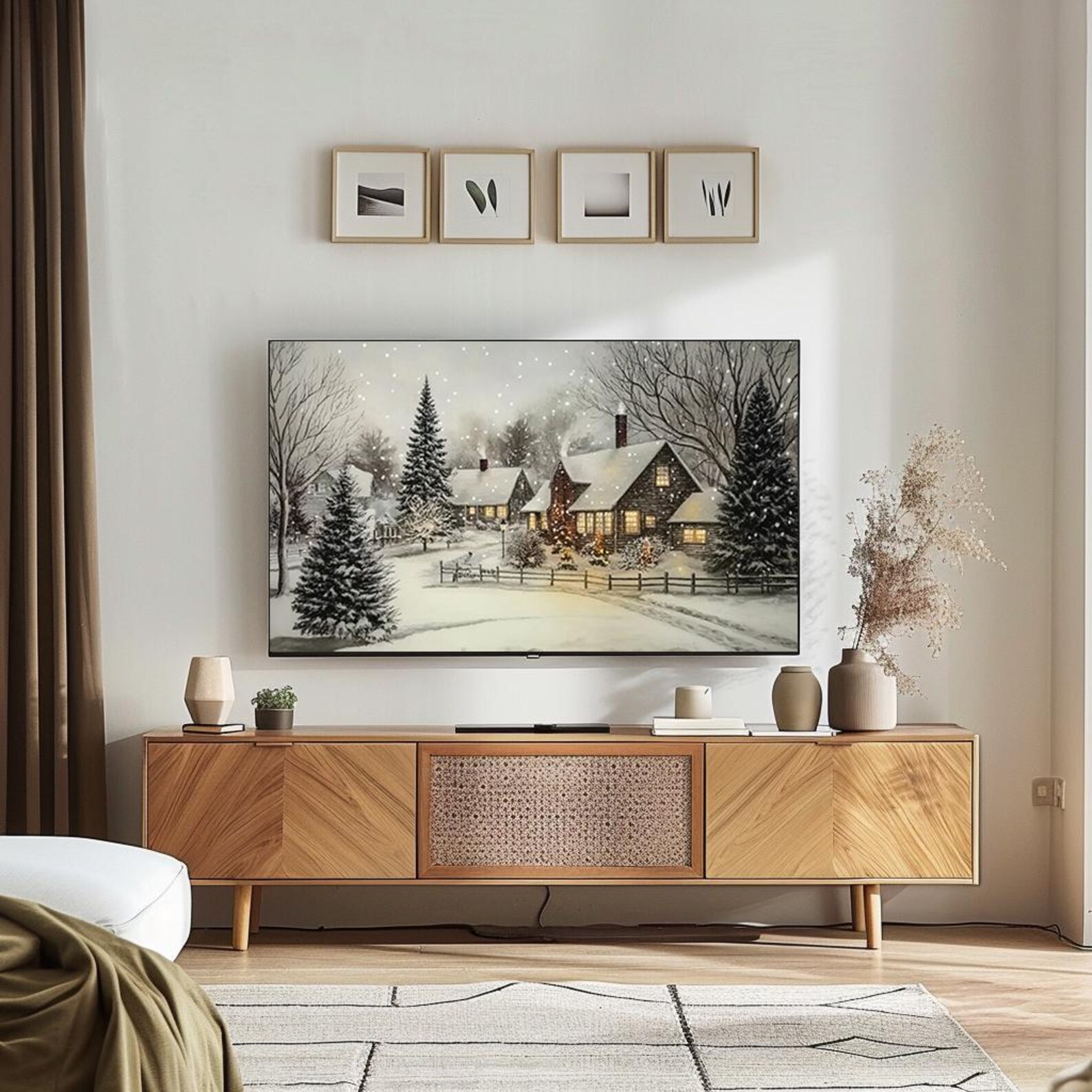 Rustic Snowy Winter Cottage Scene Oil Painting Art for Frame TV Digital ...