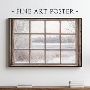 Friedliche Winter-Fenster-Szene verschneiten See Aussicht gefrostet Naturlandschaft durch rustikalen Rahmen Serene Fine Art Print Wandkunst Poster PS