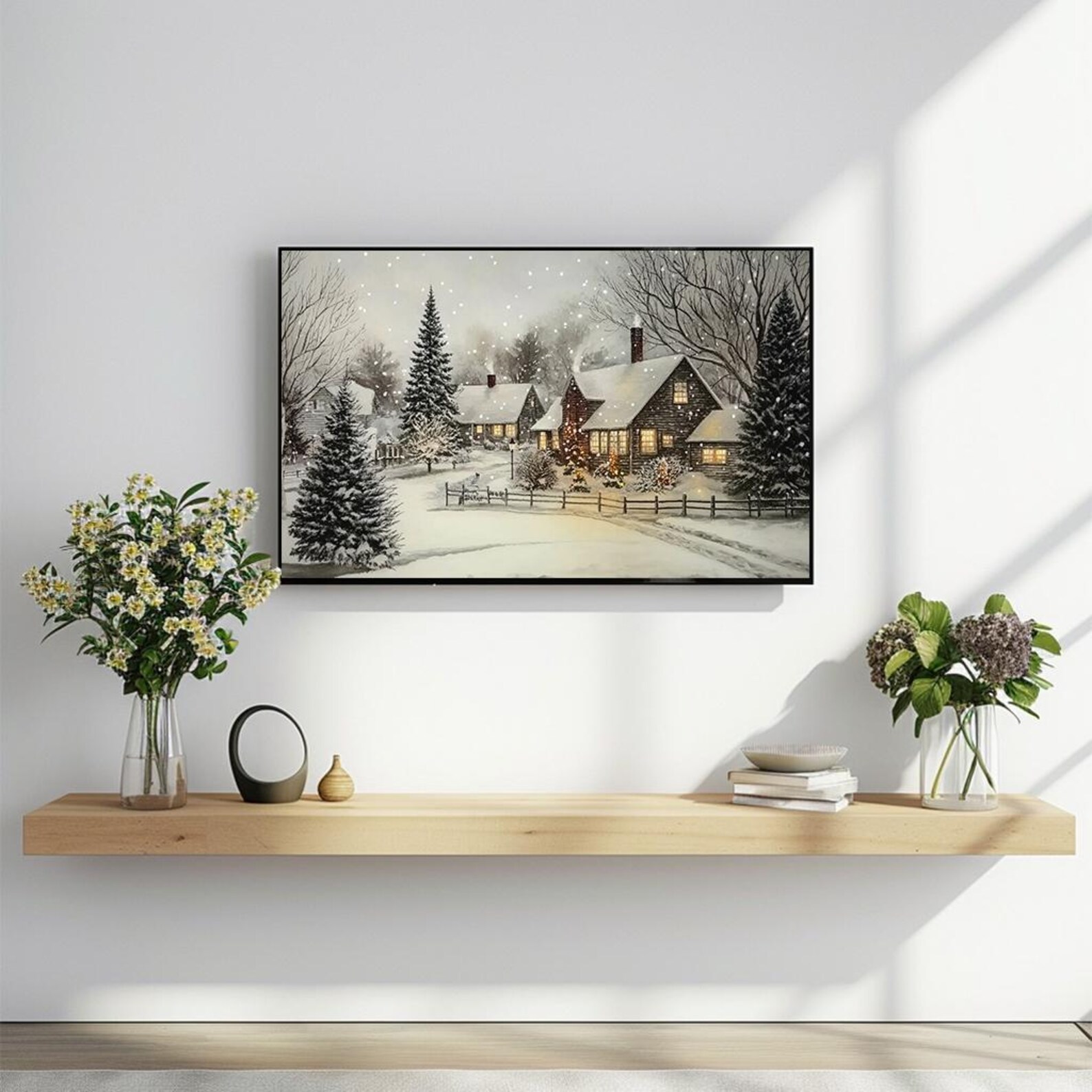 Rustic Snowy Winter Cottage Scene Oil Painting Art for Frame TV Digital ...