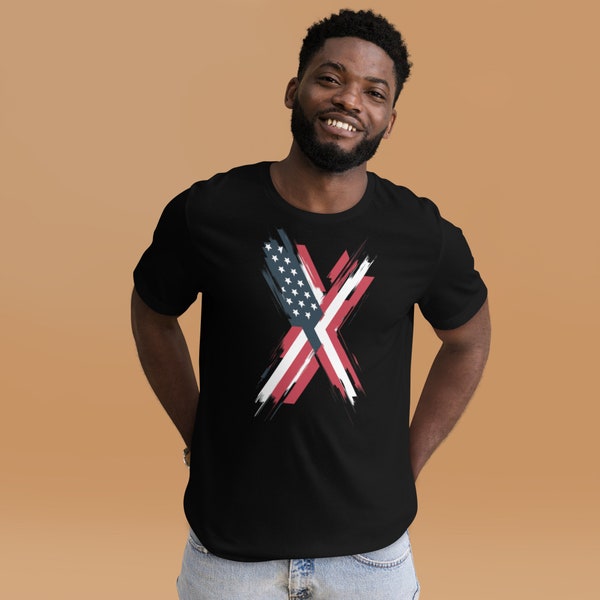 Dynamic American Flag Tee with Bold Geometric Shapes | Patriotic Shirt with Star Pattern and 'X' Symbol