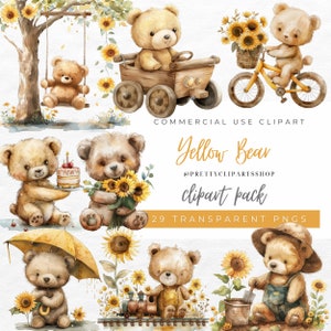 Gele teddybeer clipart, aquarel teddybeer, baby shower clipart, zonnebloemen teddybeer clipart, schattige teddybeer PNG, Boho Floral Bear