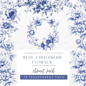 Fiori cinesi blu PNG Clipart Illustrazione botanica Vintage blu bordo floreale per matrimonio Ghirlande rococò Toile blu Fiori francesi