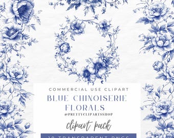 Blue Chinoiserie Floral Clipart: Vintage Wedding Wreaths (PNG)
